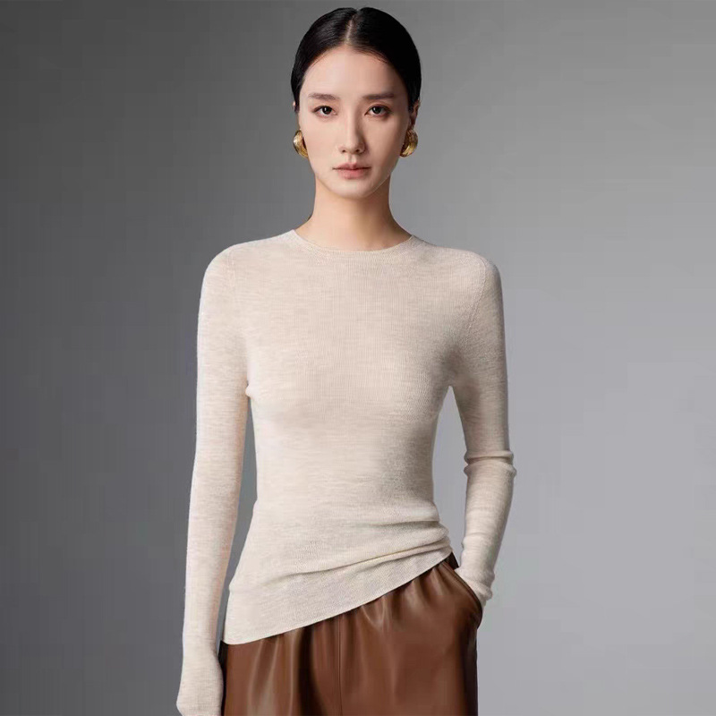 One-Piece Drop-Shipping [Comfortable to Wear] Autumn and Winter Thin Round-Neck 100% Pure Wool Knitted Base Shirt for Women Mkl24-14