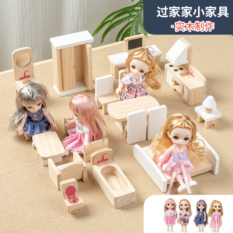 Simulación de niños transfronterizos pequeños muebles de madera maciza modelo de muñeca sala de accesorios de escena juego de juguetes de puzzle