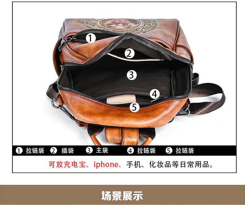 Ba lô da bò nữ cỡ lớn thiết kế đầu hươu phong cách vintage — Màu đen cổ điển, Cà phê cổ điển, Màu nâu cổ điển chi tiết 9