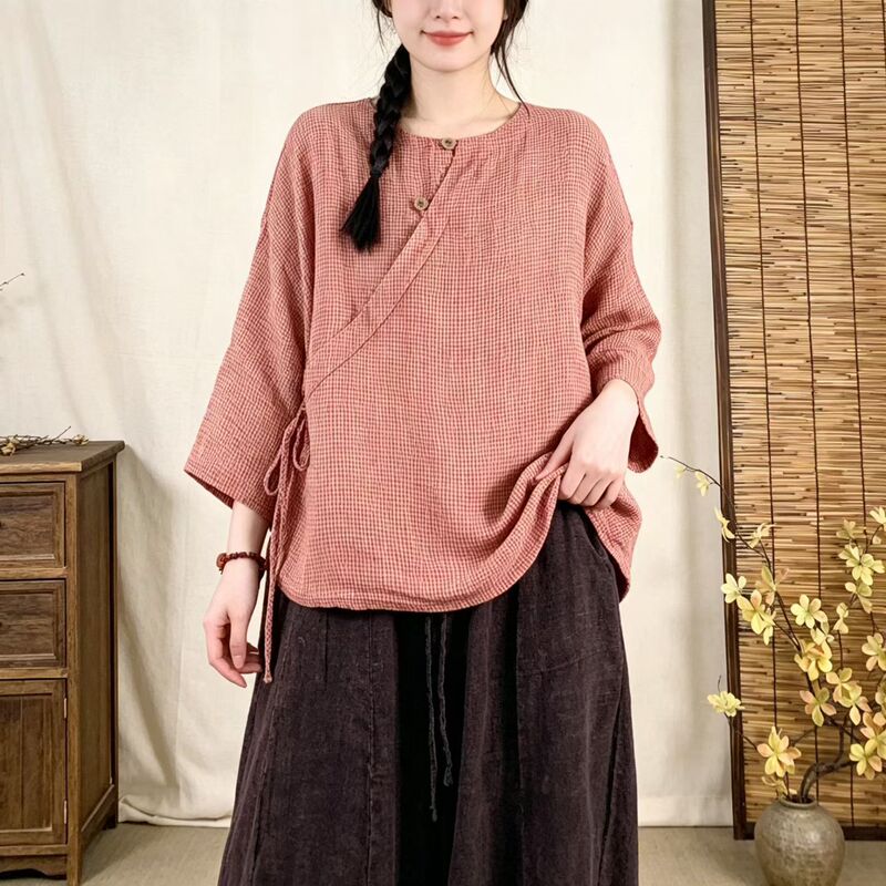 Women's Linen Shirt 2026 Autumn New Arrival Artistic Retro Loose Round Neck Diagonal Collar Tie Mid-Sleeve Plaid Top