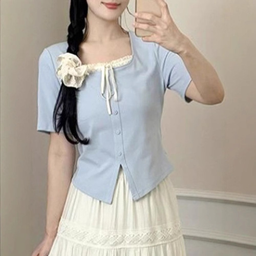 Women's Summer French Square Collar Lace Splicing False Two-Piece T-Shirt with Positive Shoulder Design for Hiding Fat and Slimming