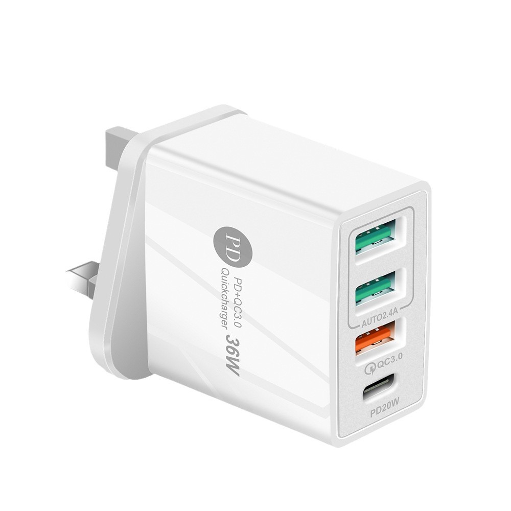 Cargador de viaje PD 36W + 3×USB 2.4A — adaptador multi‑puerto de carga rápida, compacto y ligero