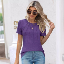 2024亚马逊eBay新款欧美爆款褶皱圆领短袖T恤女上衣跨境外贸女装