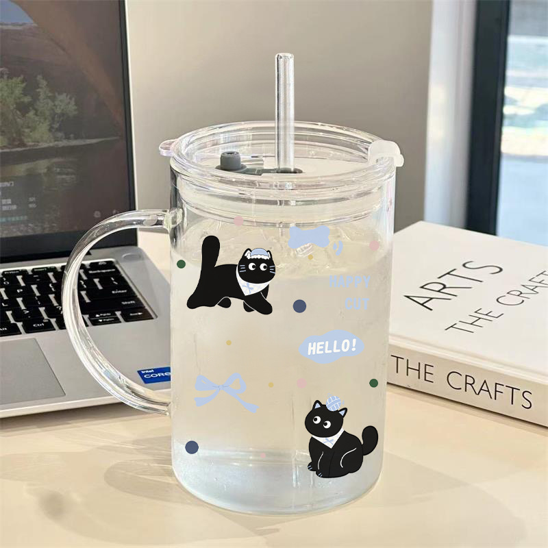 1L Large-Capacity Borosilicate Glass Cup with Handle and Straw, Summer Tea Cup, Office Cup with Lid, High-Looking Water Cup