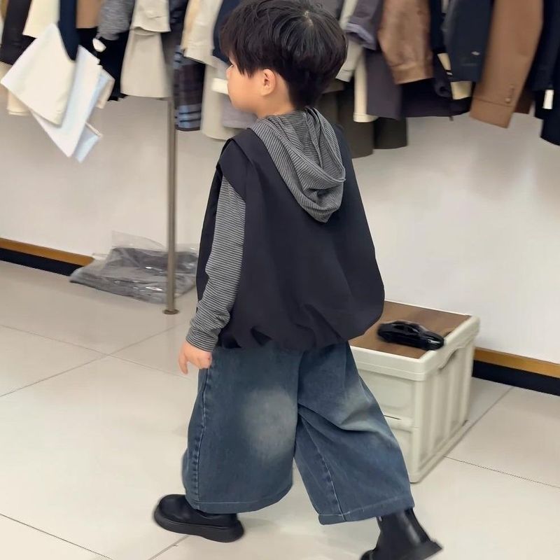 男童春秋款套装2025新款时髦男女童连帽卫衣痞帅宝宝马甲三件套潮|undefined