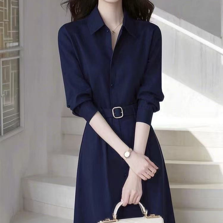Spring French-Style Elegant Ladylike High-End Goddess-Like Light Luxury Blue Shirt Dress for Formal Occasions