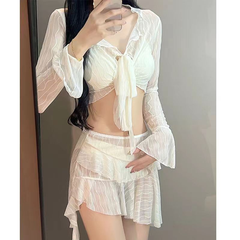 Summer New Swimsuit White Fairy Four-piece Swimsuit Women's Bikini Vacation Seaside Long-sleeved Hot Spring Feeling