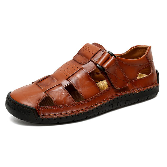 Cross-border Explosions Genuine Leather Stitch Slippers Men's 2024 Summer New Outdoor Men's Beach Sandals Men's Fashion