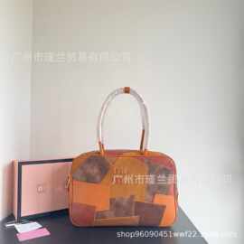 M家新款拼接公文包复古百搭手提单肩托特包大容量潮流女包