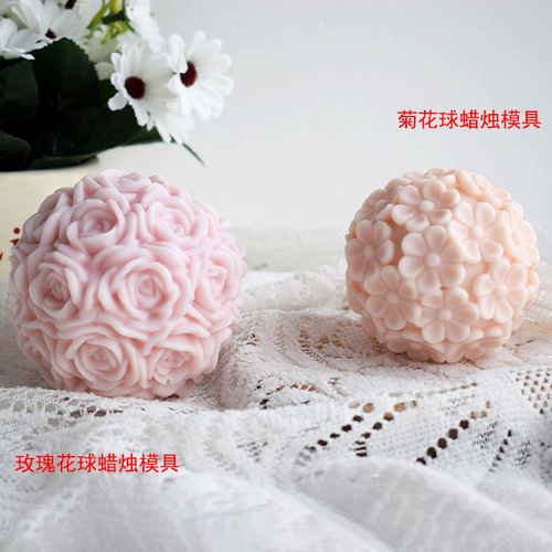 Renshan flower ball candle mold 3D three-dimensional chrysanthemum ball rose ball aromatherapy candle plaster ornament silicone mold