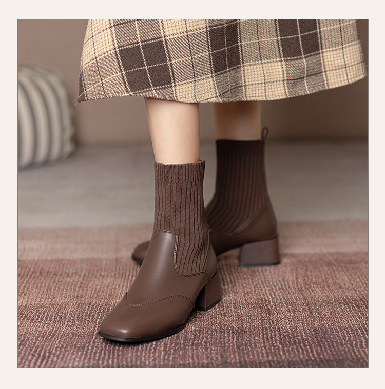 Women's Ankle Boots French Retro Square Toe Thick Heel Mid Calf_voghion.com