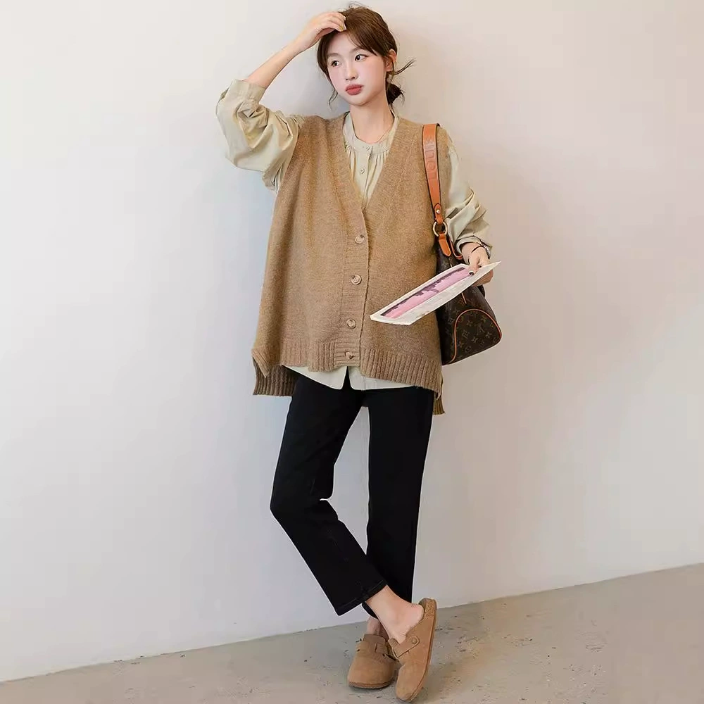 Весенний и зимний стиль жилет для беременных среднего и длинного трикотажный свитер жилет с открытой пряжкой V-образный кардиган без рукавов