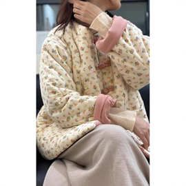 新中式碎花小棉袄棉服女2025冬复古国风对襟盘扣加厚保暖棉衣外套
