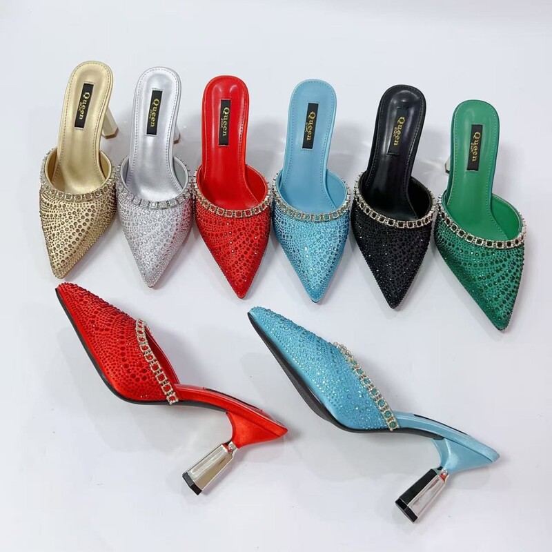 2025 Foreign Trade Large Size Baotou Flash Diamond Half Slippers Pointed Toe Cross-Border New High Heel Women's Stiletto Sandals 2025 Foreign Trade Large Size Baotou Flash Diamond Half Slippers Pointed Toe Cross-Border New High Heel Women's Stiletto Sandals