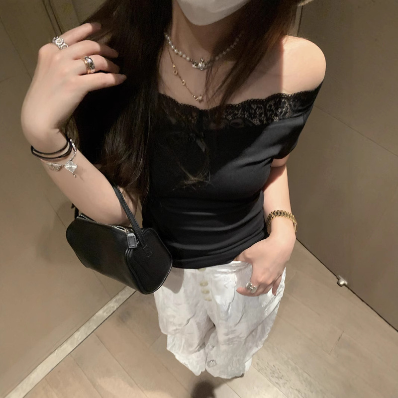 Special Clearance Sale: Pure Desire Lace Patchwork Off-Shoulder T-Shirt for Women, Summer Design, Slim Fit, Stretchy Short-Sleeve Top