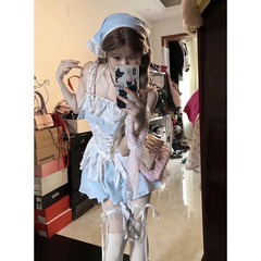 夏らしい甘いガーリーで爽やかな年齢軽減花柄パッチワークフリルサスペンダートップスとスリムなパンプキンパンツスーツ