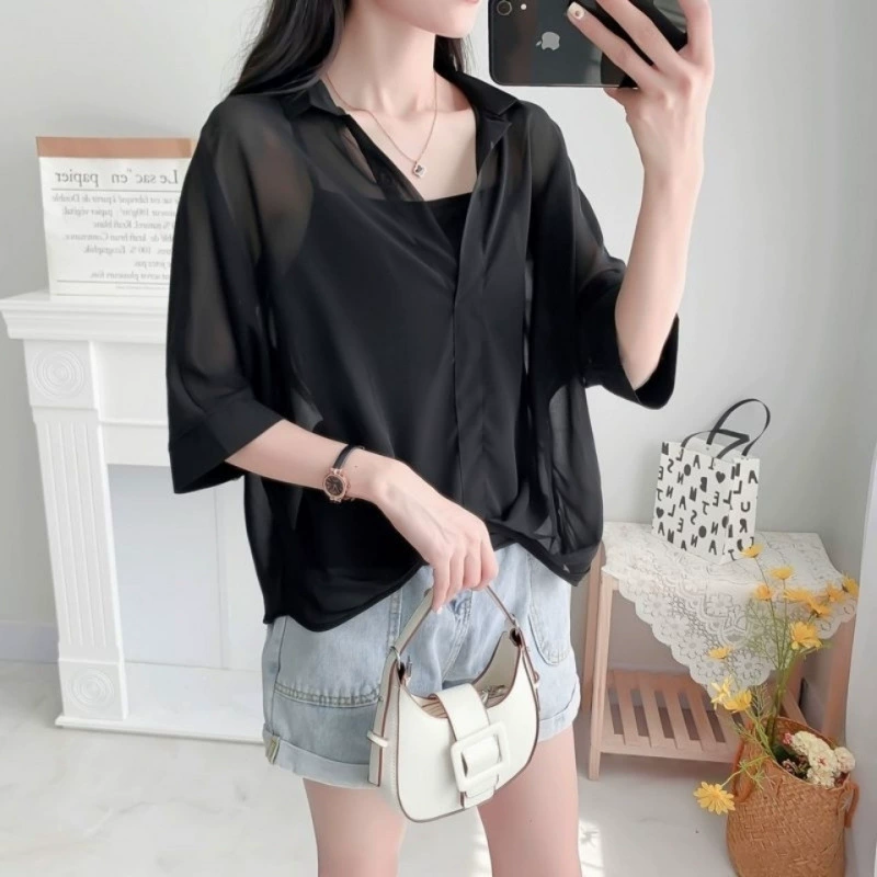 Летний комплект шифоновой рубашки, oversize свободного кроя, эффект подтяжки, женский