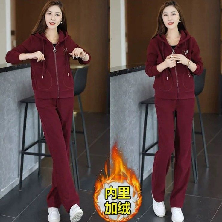 加绒加厚新款冬季休闲洋气宽松连帽卫衣运动服套装妈妈两件套冬天|undefined