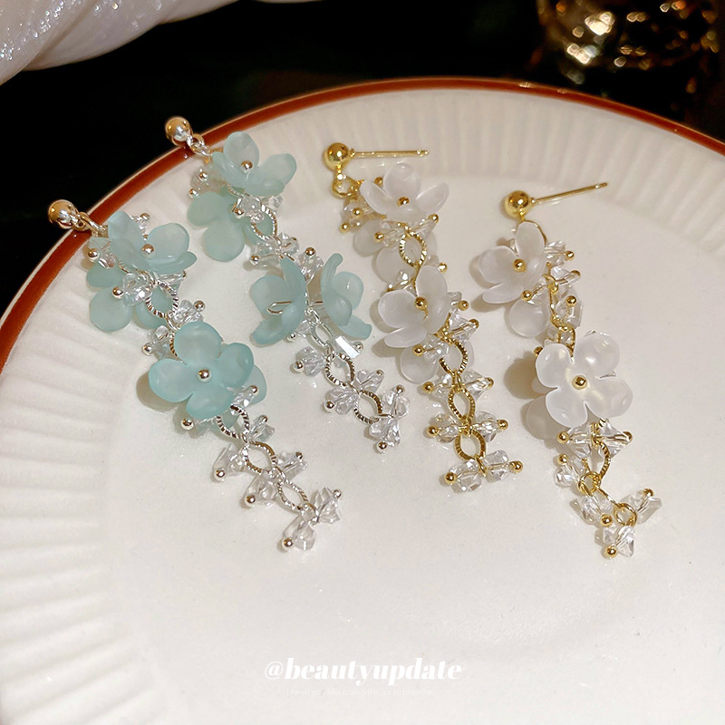 Pendientes de cristal artificial con borla de flores frescas pequeñas coreanas Pendientes de corazón de niña dulce femenina Pendientes de arte de nicho