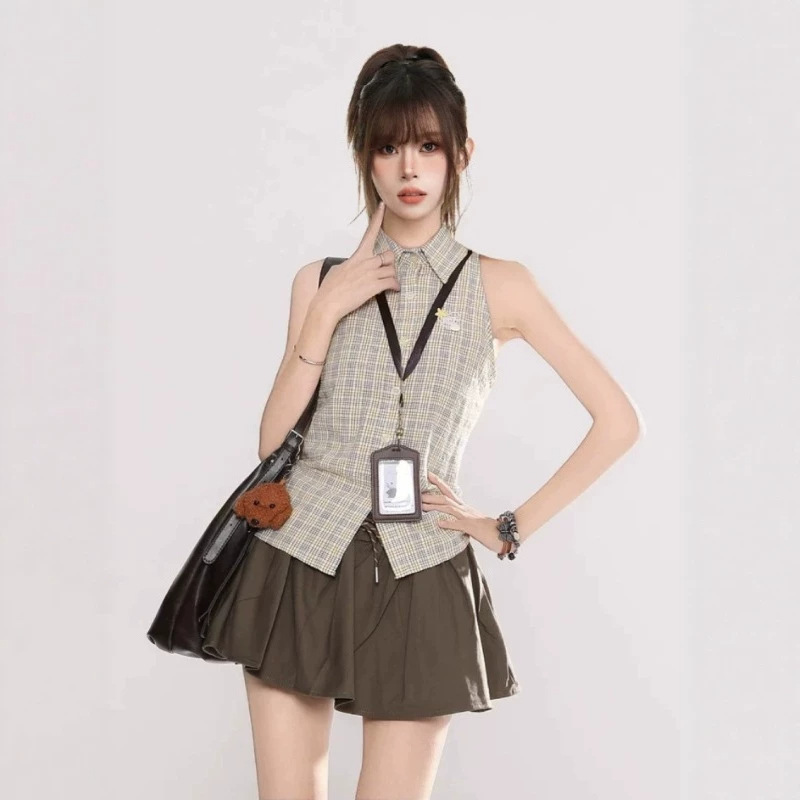 American-style collared sleeveless plaid shirt for women, summer 2026 new design, slim-fit waist-cinching women's top