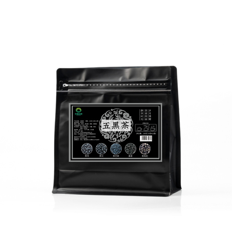 Five Black Herbal Tea 150g 15 Pyramid Tea Bags Wu Hei Cha Black Rice Black Bean Black Sesame Mulberry Black Goji Berry Blend in use