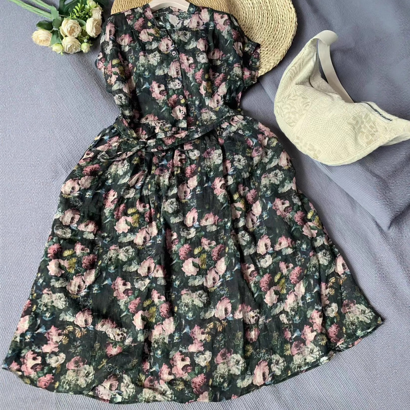 Linen Dress French Waist Fluffy and Light A-Line Dress Classy Elegant Lace-Up Floral Long Skirt