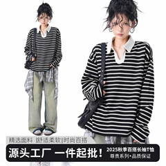 2025秋季新款polo领长袖条纹针织衫女款宽松慵懒百搭打底衫上衣in