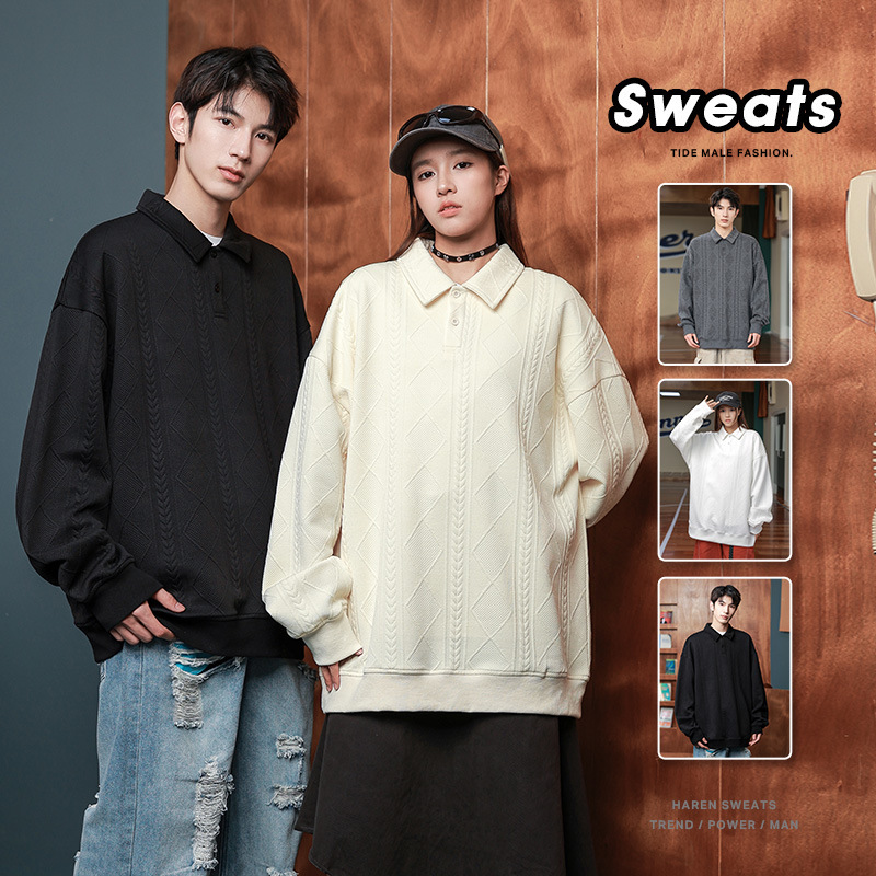 2025 New American Retro Polo Collar Sweatshirt Men's Loose Clothes Casual Texture Designer Student Tops Trendy