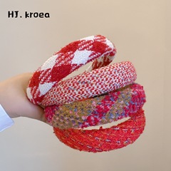 【新年紅】網紅氣質羊絨小香風混彩高顱頂百搭簡約發卡頭箍髮飾女