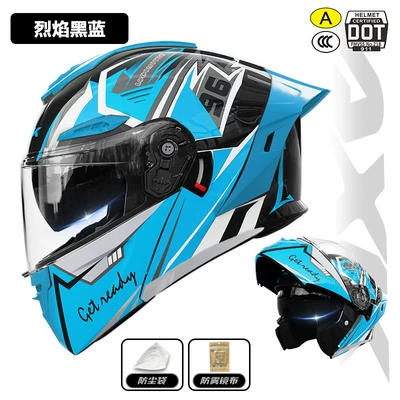 Motosiklet kaskı (dəbilqə) – Men, Winter Warm Motorcycle Flip-Up - 911-face-revealing-helmet-flame-black-and-blue-3cdot-dual-certification-l-size57-59