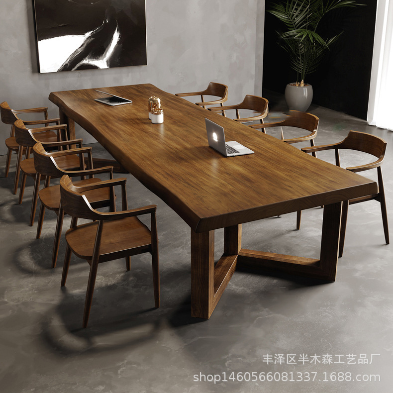Solid Walnut Color Large Board Conference Table, Retro Leisure Creative Company Office Desk, Antique Style Reception Desk Chair Set