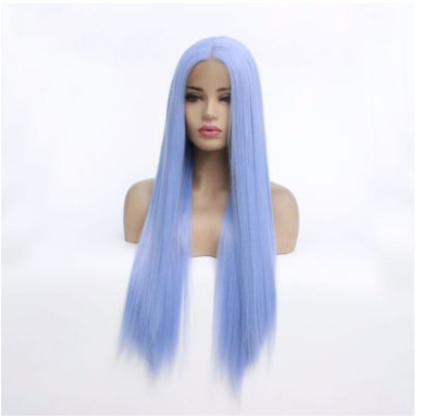 Europeas y estadounidenses pelucas populares damas azul claro pelucas de cabello largo recto fibra química delantera encaje cubierta LW0209