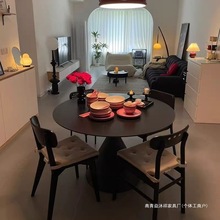 法式洽谈桌岩板圆形餐桌纯白色现代简约圆桌小户型家用饭桌椅组合