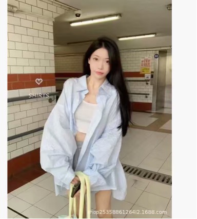 设计感条纹Polo领衬衫外套女春秋防晒衬衣宽松休闲开衫中长款上衣