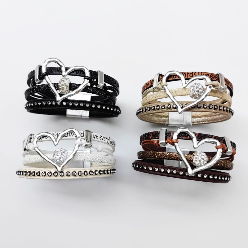 Amazon's Best-Selling Fashion Bracelet, Hollow Love Leather Bracelet with Diamond-Encrusted Magnetic Clasp, Retro Multi-Layer Bracelet Wholesale for Women