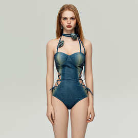 新款原创挂脖辣妹牛仔侧腰绑带显瘦遮肚露腰亚马逊一件代发泳衣