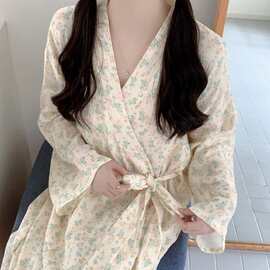 韩国ins女士春秋新品韩版舒适双层纱花朵睡袍家居服睡衣浴袍外穿
