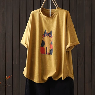 洋气休闲短袖女T恤夏季薄新款卡通猫咪印花宽松遮肉减龄上衣