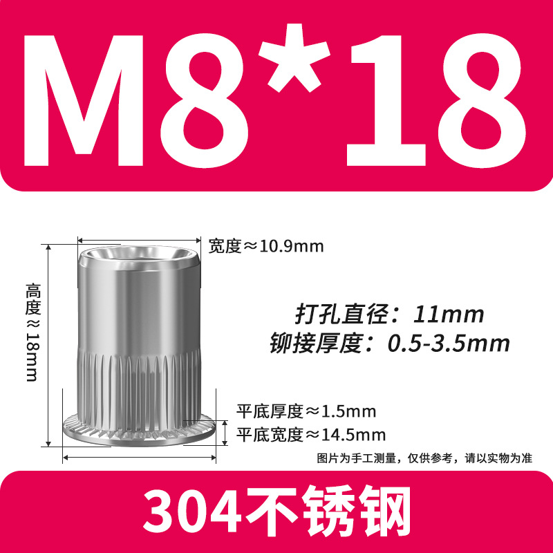 304 ステンレス鋼 M8 (単体重量 ≈ 5.61g)