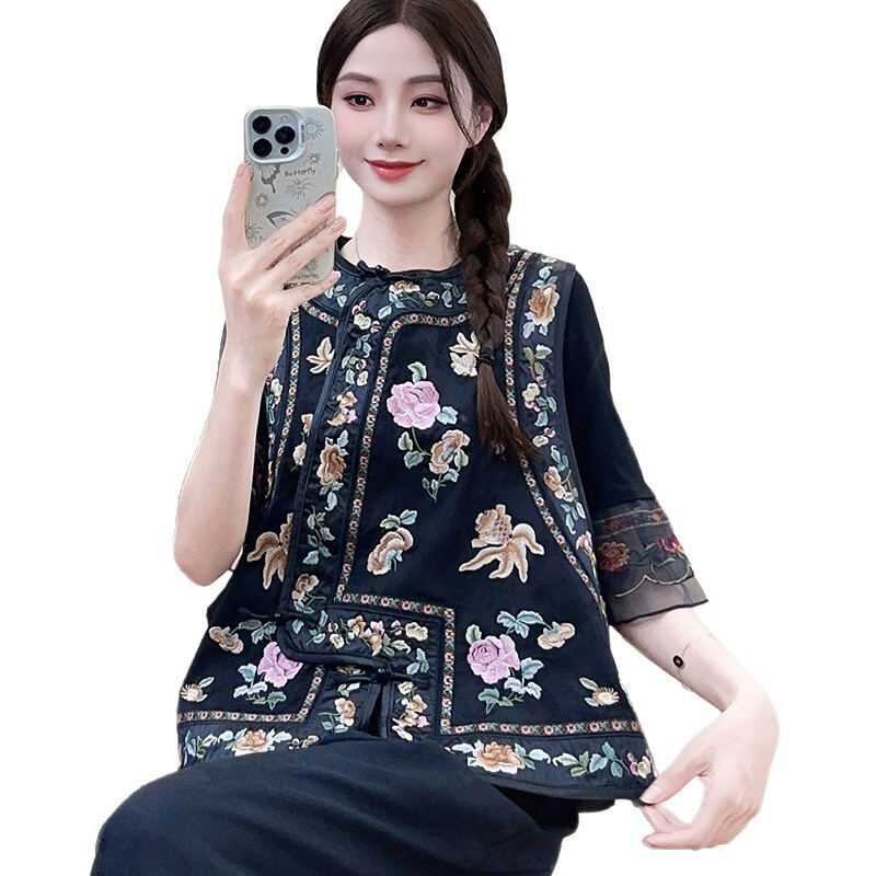 民族风复古刺绣马甲女2025秋季新款文艺时尚圆领斜襟盘扣宽松背心|undefined