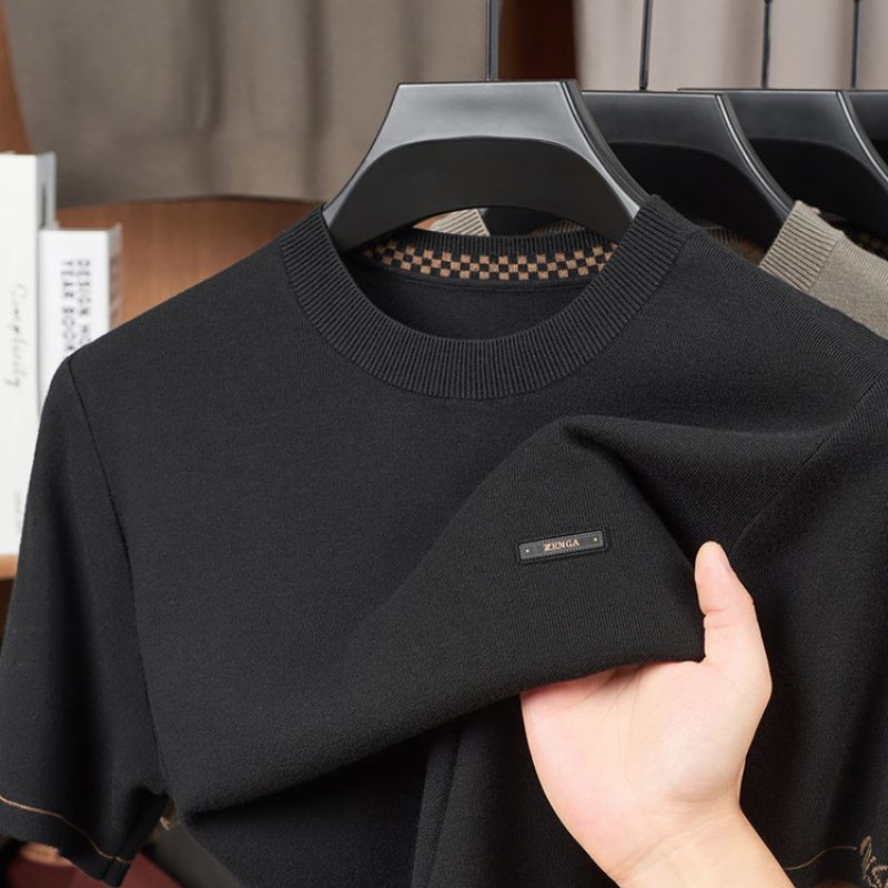 Autumn and Winter Thickeneded Velvet Short-Sleeved Knitwear T-Shirt Men's Round Neck Simple and Atmospheric Bottoming Shirt