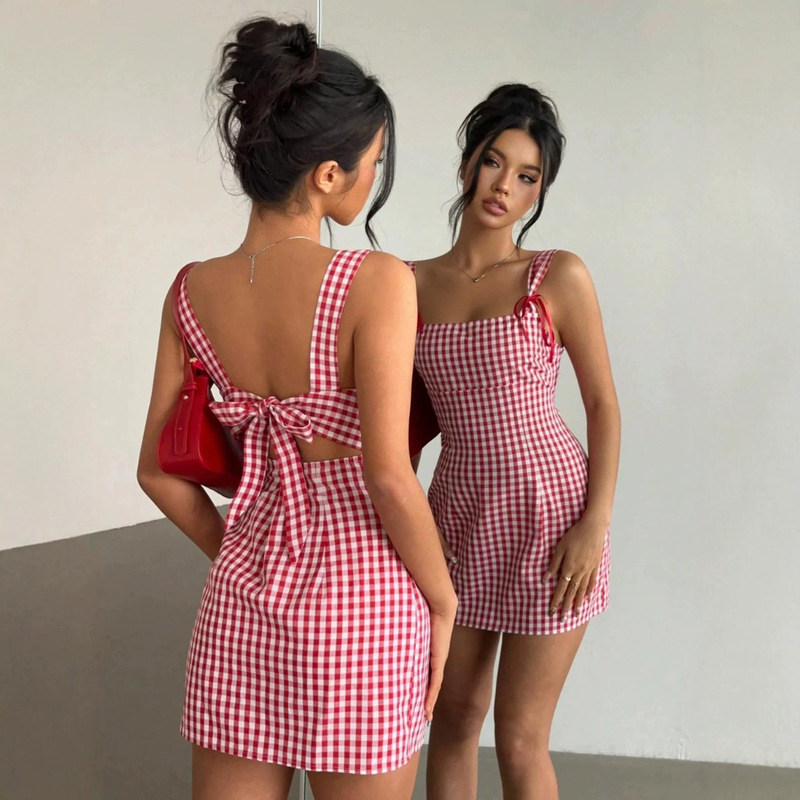 European and American Cross-Border Women's Fashion: Cute Red and White Plaid Mini Suspender Dress, Suitable for Young Girls' Concerts European and American Cross-Border Women's Fashion: Cute Red and White Plaid Mini Suspender Dress, Suitable for Young Girls' Concerts