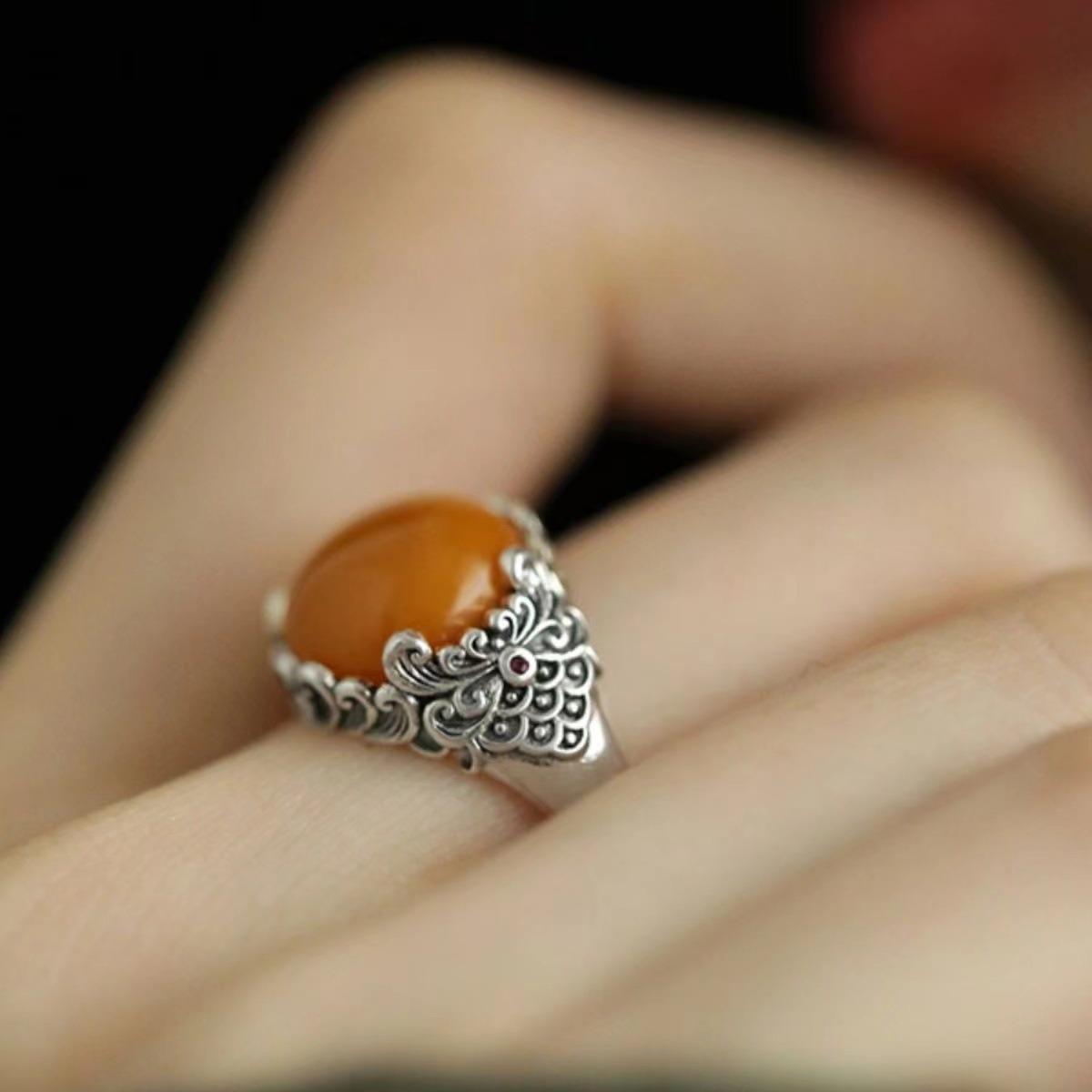 Natural Amber Open Ring In 925 Sterling Silver For Women_voghion.com