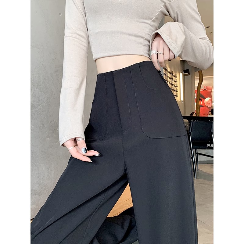 Pantalones de piernas anchas grises para mujeres 2025 primavera nueva cintura alta relajada relajada pantalones casuales rectos pantalones de traje estrechos