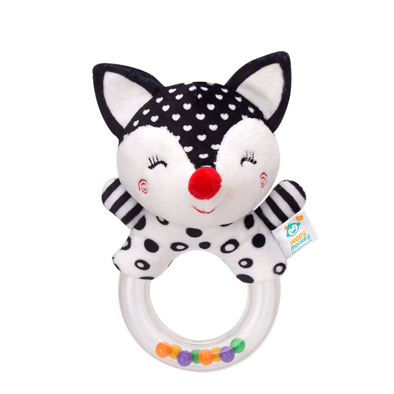 Sonajero de mano redondo blanco y negro para recién nacidos Happymonkey, juguete para bebés con cuentas coloridas, sonajero para bebés de 0 años, juguete para agarrar.