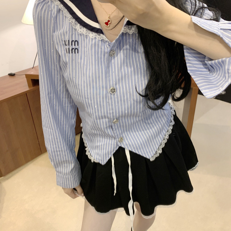 Mm Shirt Early Spring New Style Navy Collar Age-Reducing Shirt with Rhinestone Trim Women's Short Sweet Youthful Top Mm Shirt Early Spring New Style Navy Collar Age-Reducing Shirt with Rhinestone Trim Women's Short Sweet Youthful Top