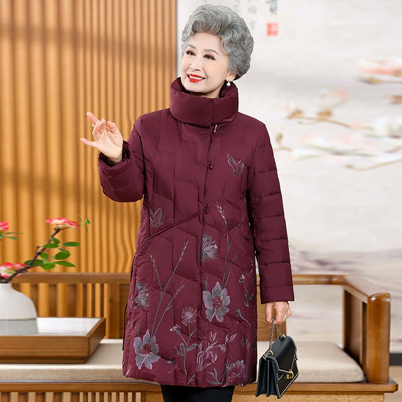 Средние и старые пуховики средней и длинной мамы пальто осень-зима топ вышивка большой размер пожилой матери толстый хлопковый костюм