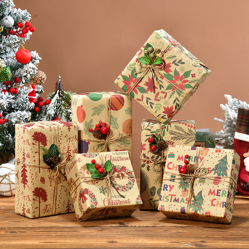Amazon cross-border navidad dibujos animados impresión de papel kraft bricolaje embalaje de regalo regalo de vacaciones papel de embalaje al por mayor