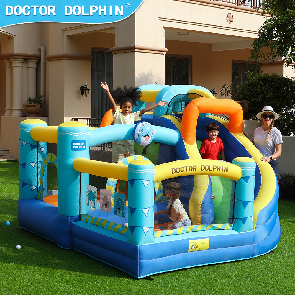 Castillo Inflable Doctor Dolphin, en Existencia, para Interiores y Exteriores, Tobogán Inflable, Trampolín Infantil, Castillo Inflable Combinado con Tobogán y Trampolín para el Hogar