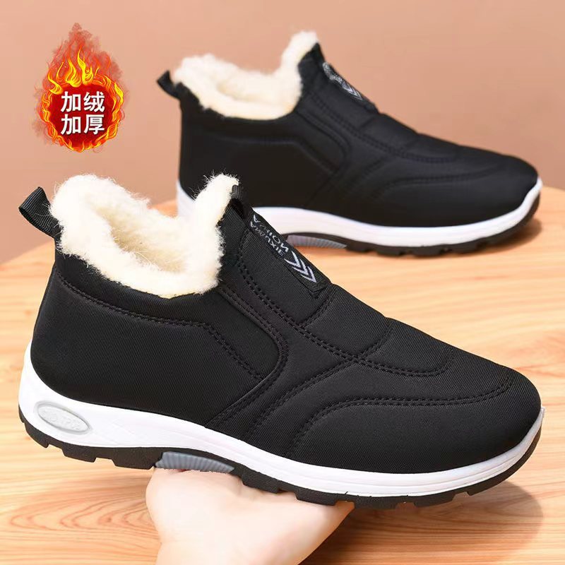 冬季男女同款棉鞋中老年加绒加厚登山底保暖棉鞋一脚蹬平底雪地靴